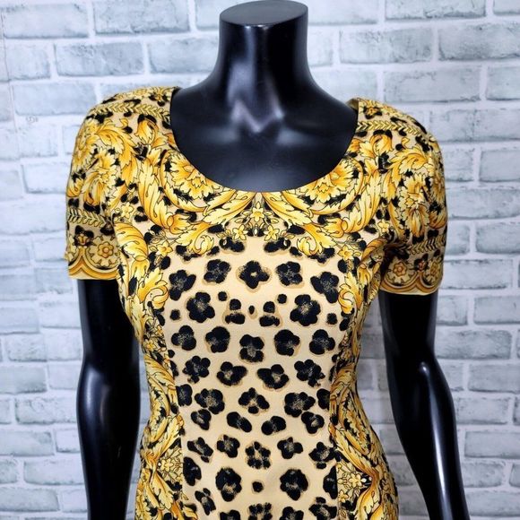 Vintage 90s Bloomingdales Womens 4P Silk Leopard Gold Filigree Mini Sheath Dress - Picture 2 of 7